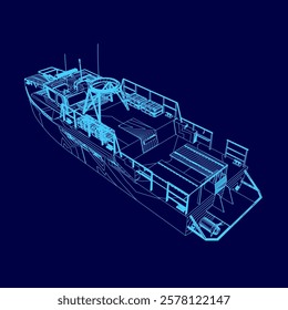 Blue boat wireframe. The boat is shown in a blue color scheme