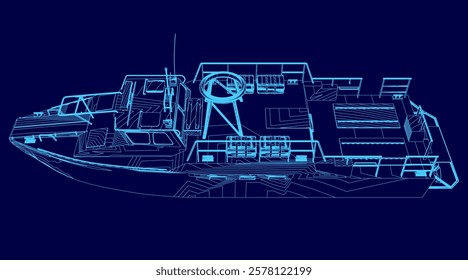 Blue boat wireframe. The boat is shown in a blue color scheme