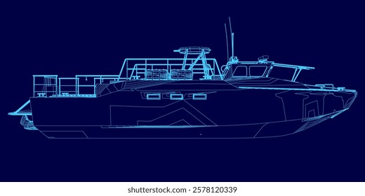 Blue boat wireframe. The boat is shown in a stylized way, with the blue color dominating the image