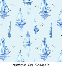 Blue boats wallpaper, scrapbooking paper or seamless wrapping. Vector sailboats background