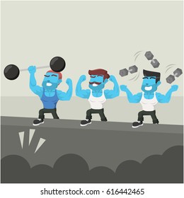 blue body builder showing his ability
