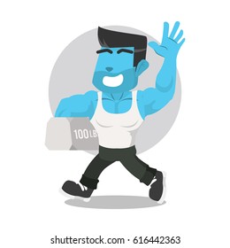 blue body builder walking carrying weight