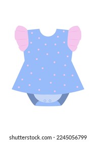 Blue bodysuit with pink polka dots for baby girl. Clothing for infant kids. Vector illustration isolated design