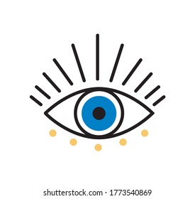 Blue bohemian eye doodle, vector eye with lashes on white background