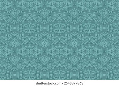 Blue boho background, tribal cover design, banner. Geometric decorative 3D pattern, embossing. Textured ornaments, arabesques, mandala of the East, Asia, India, Mexico, Aztec, Peru. Ethnic print.