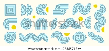 Blue boho line element collection. Bohemian decorative wave curve form set for badge, logo, card, poster, banner. Mid century geometric lemon yellow arch zigzag objects. Vector trendy wavy arc shapes