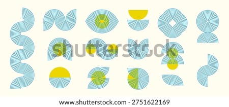 Blue boho linear element collection. Bohemian decorative wave and curve form set for badge, logo, card, poster, banner. Mid century geometric line arch and zigzag objects. Vector wavy arch shapes