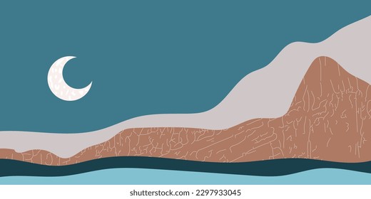 Blue boho minimalist landscape in collage style. Mountain art print. Natural abstract background. Bohemian wall decor. Modern flat vector illustration