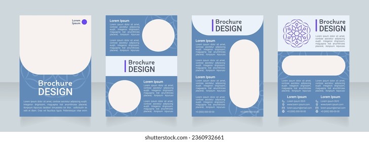 Blue boho ornamental blank brochure design. Template set with copy space for text. Premade corporate reports collection. Editable 4 paper pages. Roboto Light, Medium, Itim Regular fonts used