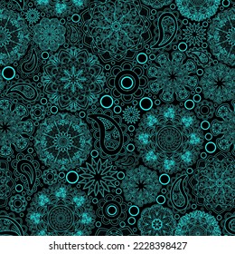 Blau, ornamentale Muster im Boho-Stil, Mandalamuster, schwarzer Hintergrund. Nahtlose Blumenmuster, handgezeichnet, Vektorgrafik.