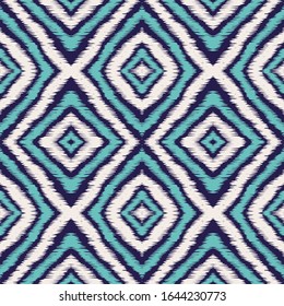 Blue Boho Tribal Vector Seamless Pattern. Repeat Tribal Japanese Background. Navajo Boho Texture. Indigo Ikat Japan Vector Seamless Pattern