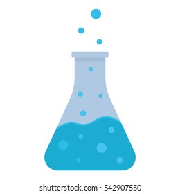 Blue boiling potion color icon. Laboratory flask. Chemical reaction. Isolated vector illustration