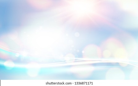 Blue bokeh abstract light background. White bokeh bubbles on the natural background. Shining space futuristic template. Fashion backdrop. Vector illustartion.