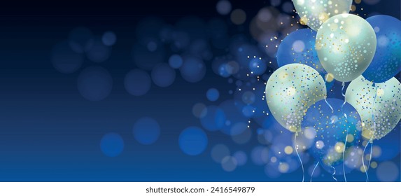 Blue bokeh background with balloons and confetti. Azure and silver rubber helium balloon bundle with golden sparks and serpentine strings vector illustration