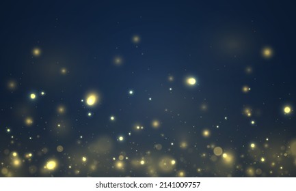 Blau mit Bokeh-Hintergrund, erstellt von Neonleuchten. Brillanter Goldstaub, Vektorgrafik. Weihnachtsmuster verschwommen. Magisches Urlaubsposter, Banner. Nachthelle goldene Funkeln. Enfokussierter Lichteffekt.