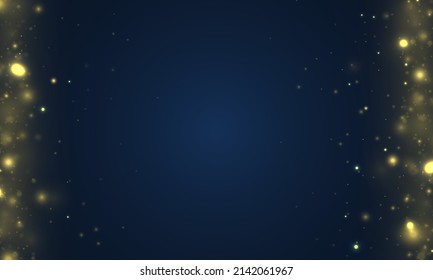 Blue with bokeh background created by neon lights. Brilliant gold dust vector shine. Christmas blurred pattern. Magic holiday poster, banner. Night bright golden sparkles. Defocused light effect.