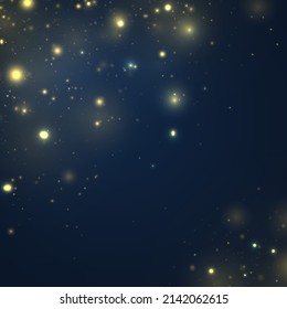 Blue with bokeh background created by neon lights. Brilliant gold dust vector shine. Christmas blurred pattern. Magic holiday poster, banner. Night bright golden sparkles. Defocused light effect.