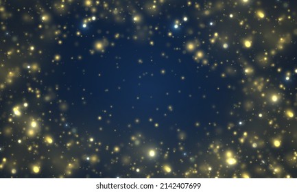 Blue with bokeh background created by neon lights. Brilliant gold dust vector shine. Christmas blurred pattern. Magic holiday poster, banner. Night bright golden sparkles. Defocused light effect.