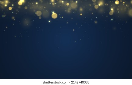 Blue with bokeh background created by neon lights. Brilliant gold dust vector shine. Christmas blurred pattern. Magic holiday poster, banner. Night bright golden sparkles. Defocused light effect.