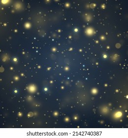 Blue with bokeh background created by neon lights. Brilliant gold dust vector shine. Christmas blurred pattern. Magic holiday poster, banner. Night bright golden sparkles. Defocused light effect.