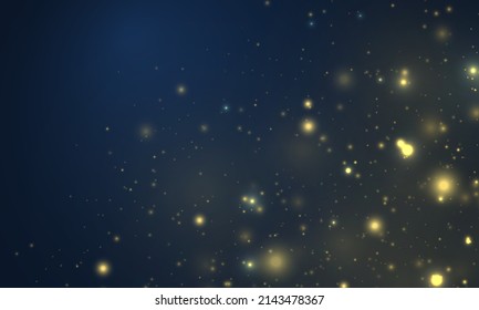 Blue with bokeh background created by neon lights. Brilliant gold dust vector shine. Christmas blurred pattern. Magic holiday poster, banner. Night bright golden sparkles. Defocused light effect.