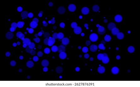 Blue bokeh background with soft glowing circles on dark backdrop. Gentle light blur effect for abstract, futuristic, or festive vector designs and overlays.