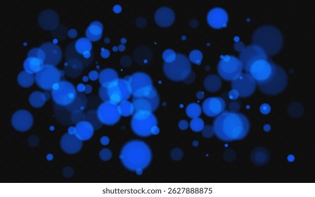 Blue bokeh background with soft glowing circles on dark backdrop. Gentle light effect with smooth blur, perfect for festive, abstract, or decorative vector designs.