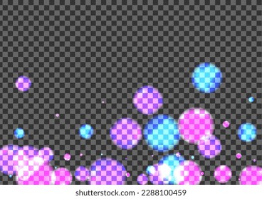 Blauer Bokeh-Hintergrund Transparenter Vektorgrafik. Confetti Graphic Illustration. Glamour Design. Pink Ball Glitter Template. Lila leuchtend.