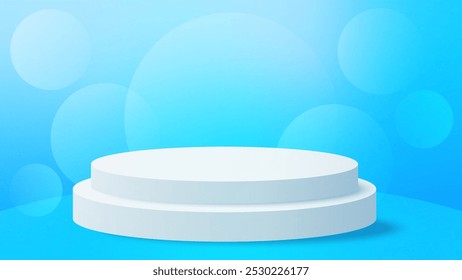 Blue bokeh circles background. Realistic white cylinder pedestal podium. vector rendering geometric forms design. minimal scene. production stage showcase, mockup product display.