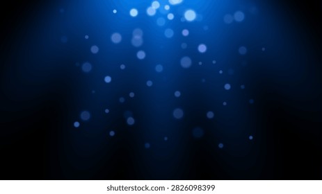 Blue bokeh light background. Glowing particles with soft blur on deep navy backdrop. Subtle shimmer, underwater ambiance, dreamy depth. Abstract vector illustration
