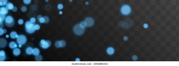 Blue bokeh on isolated transparent background. Light effect png, blurred bokeh png, christmas background. Magic glow, radiance.