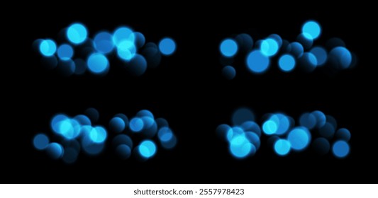 Blue bokeh set, blurred background with sparkling lights, blurry texture effect isolated on black background.