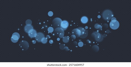 Blue bokeh with stars and sparkles, shiny overlay decoration isolated on grey background.