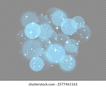 Blue bokeh with stars and sparkles, shiny overlay decoration isolated on grey background.