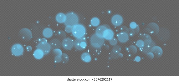 Blue bokeh with stars and sparkles, shiny overlay decoration isolated on grey background.