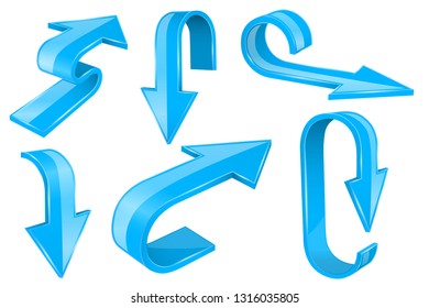 Blue bold arrows. 3d shiny signs. Vector illustration isolated on white background