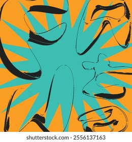 Blue Bold Blasting Star with Black Chrome Outlined Typography Decorations Overlayed on Orange Backdrop, Graffitti Style Artwork