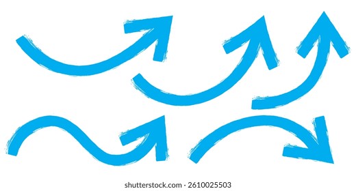 Blue Bold brush drawn arrows. Set of Blue Hand drawn vector arrows doodle. Hand drawn blue grunge bent arrow pointing upwards, bold brush stroke. Blue hand drawn brush arrow icon vector set.