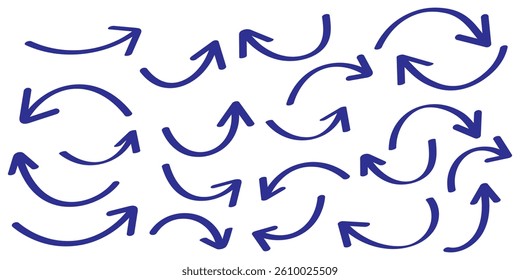 Blue Bold brush drawn arrows. Set of Blue Hand drawn vector arrows doodle. Hand drawn blue grunge bent arrow pointing upwards, bold brush stroke. Blue hand drawn brush arrow icon vector set.