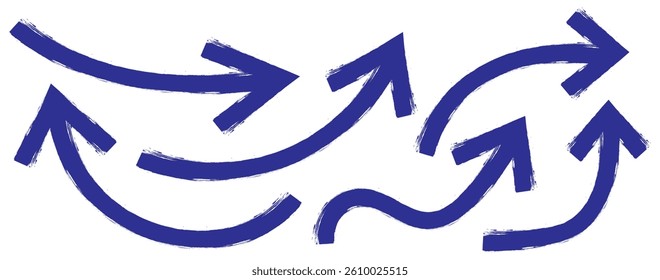 Blue Bold brush drawn arrows. Set of Blue Hand drawn vector arrows doodle. Hand drawn blue grunge bent arrow pointing upwards, bold brush stroke. Blue hand drawn brush arrow icon vector set.