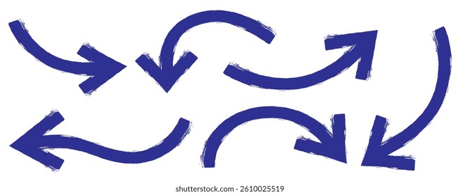 Blue Bold brush drawn arrows. Set of Blue Hand drawn vector arrows doodle. Hand drawn blue grunge bent arrow pointing upwards, bold brush stroke. Blue hand drawn brush arrow icon vector set.