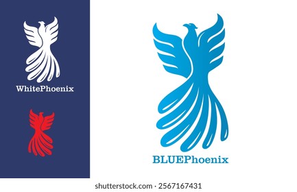 blue bold simple phoenix logo, silhouette of abstract bird flying vector illustrations