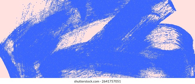 Blue bold wavy brush strokes background with noise effect. Modern stipple sand effect. Vector trendy texture of sand splatter. Abstract scattered tiny dots, modern graffiti banner. Grunge blue bg.