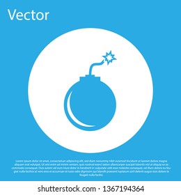 Blue Bomb ready to explode icon isolated on blue background. White circle button. Flat design. Vector Illustration