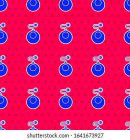 Blue Bomb ready to explode icon isolated seamless pattern on red background.  Vector Illustration