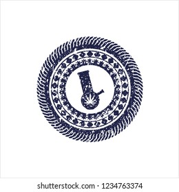 Blue bong of marijuana icon inside distress rubber seal with grunge texture
