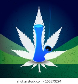 A blue bong with smoke and cannabis leaf on grunge background