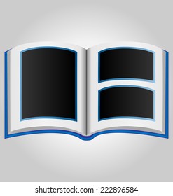 Blue book with blank photo frames on grey background