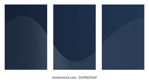 Blue book cover and a collection of blue and black vector banners with blank design elements. cards display an abstract design. Each card contains thin white lines that mimic the shape of a wave.