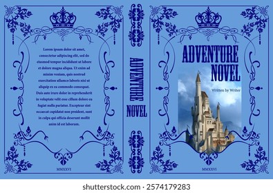 Blue book cover design for an adventure novel, showing a fantasy castle, a crown, and floral ornaments